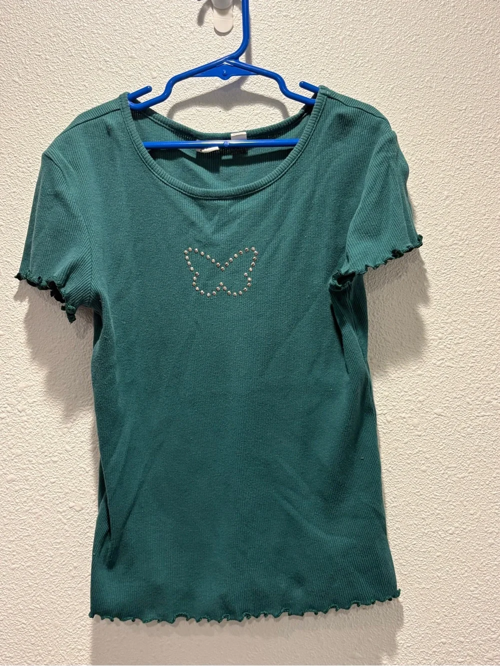 Girls - GAP Teal Short-Sleeve Ribbed Top with Rhinestone Butterfly Size- XL